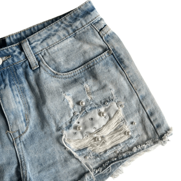 Girls on Film  Denim Jean Shorts Distressed Cut Off Pearls Size 8 - Picture 4 of 9